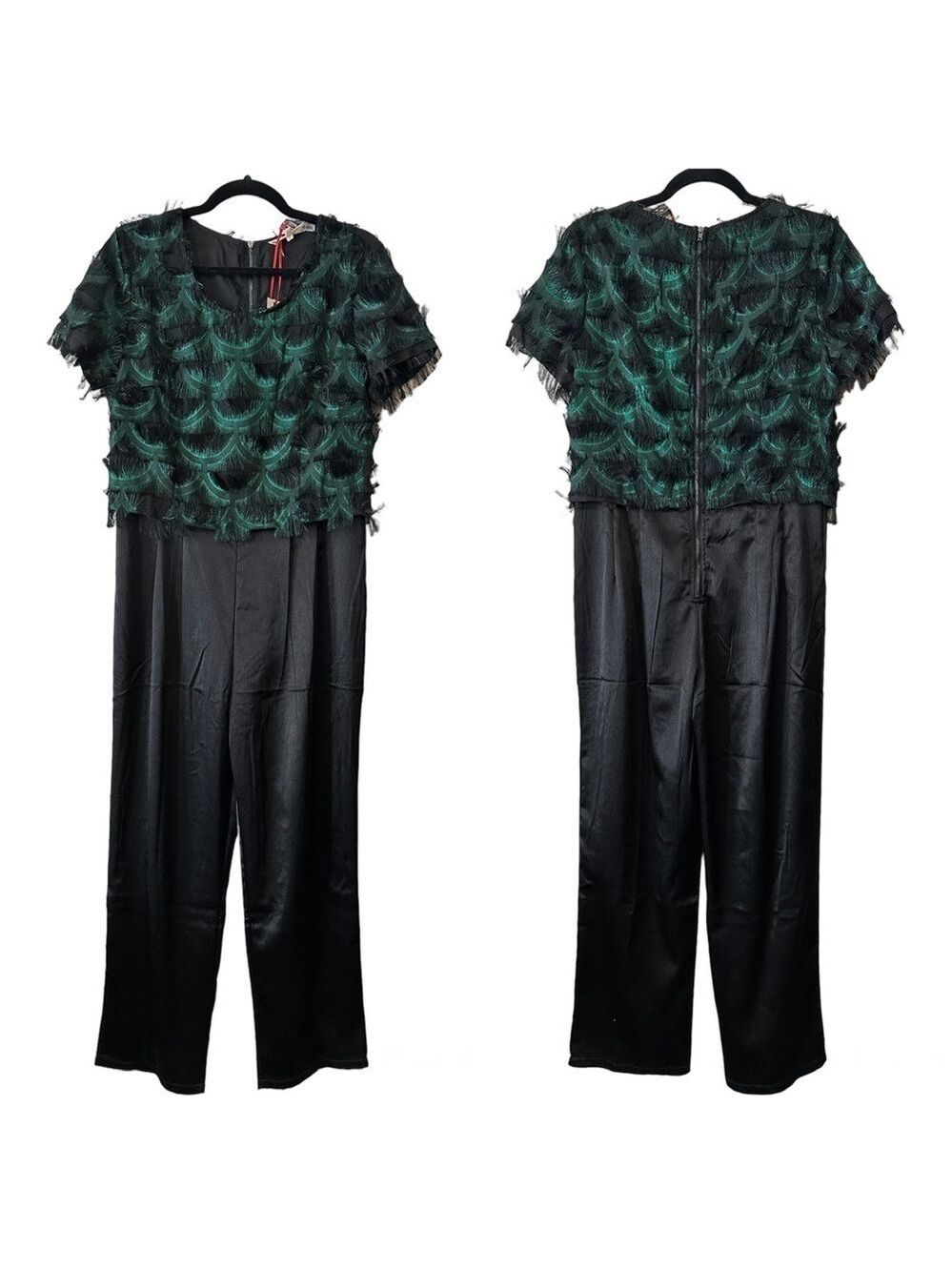 NEW LAFFAIRE Wispy Fringe Metallic Green Top Black Satin Bottom Jumpsuit